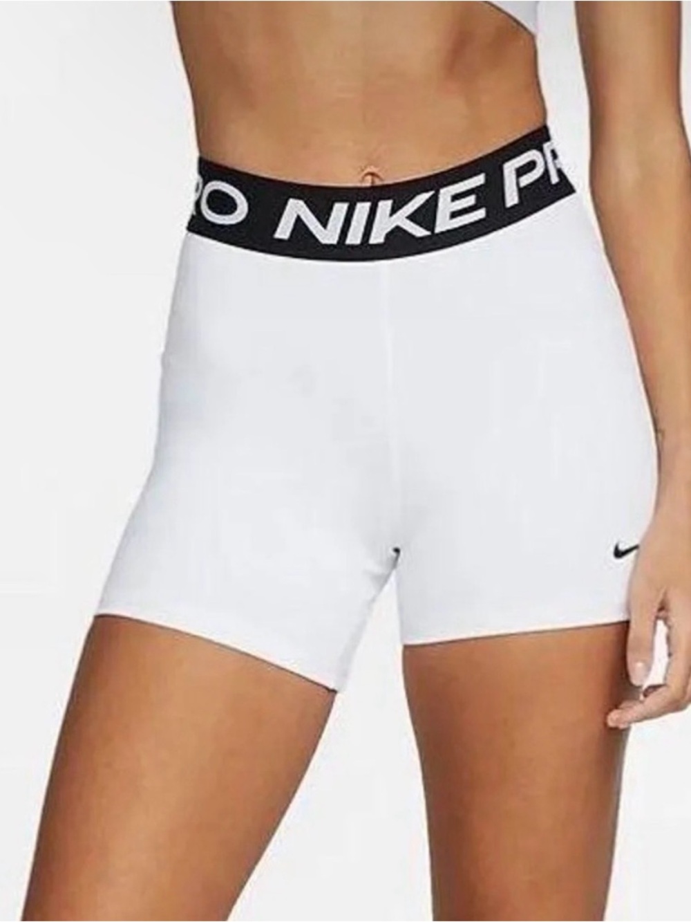 Nike White Womens Elastic-Waist Bike Shorts with Black Logo Band